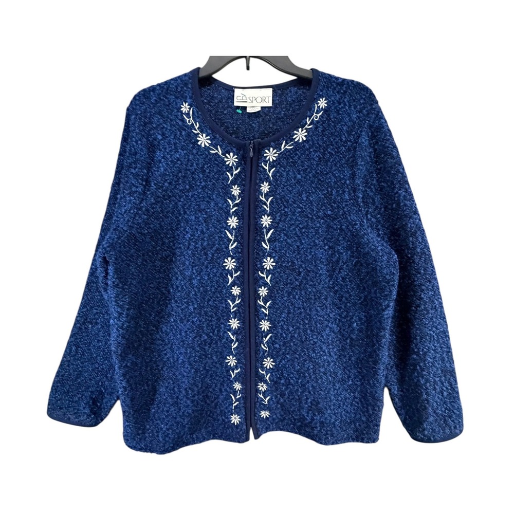Vintage C D Sport Full Zip Cardigan Sweater XL Blue Floral Embroider Grandmacore